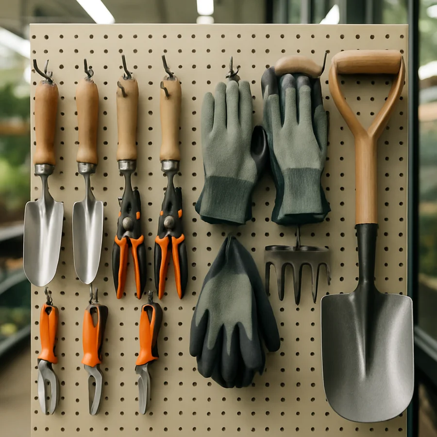 Hand tools and gloves hanging on a garden-center pegboard wall