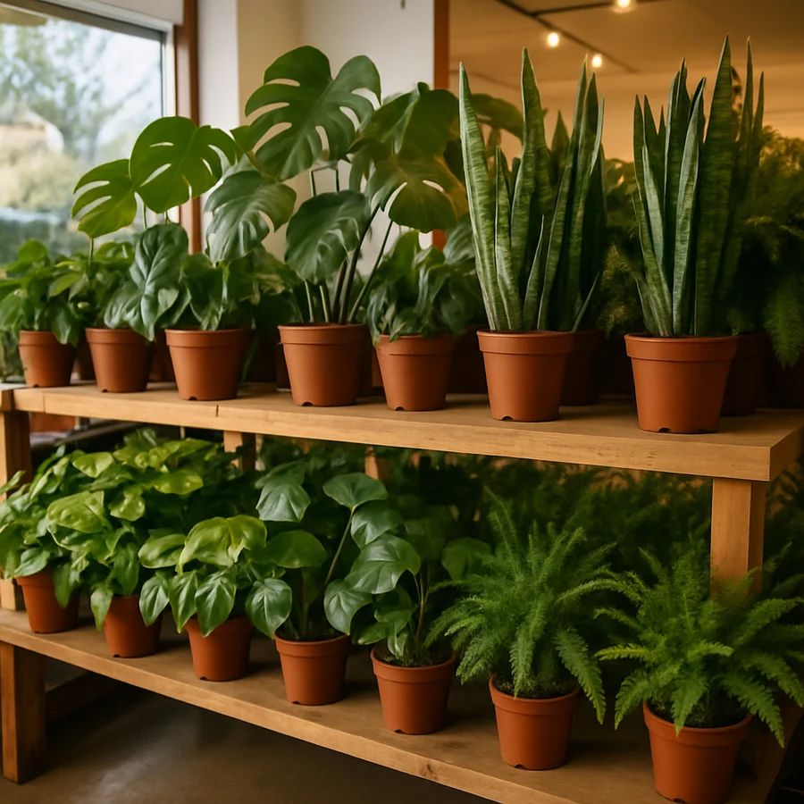 Pothos, monstera, snake plants and ferns on garden-center shelving