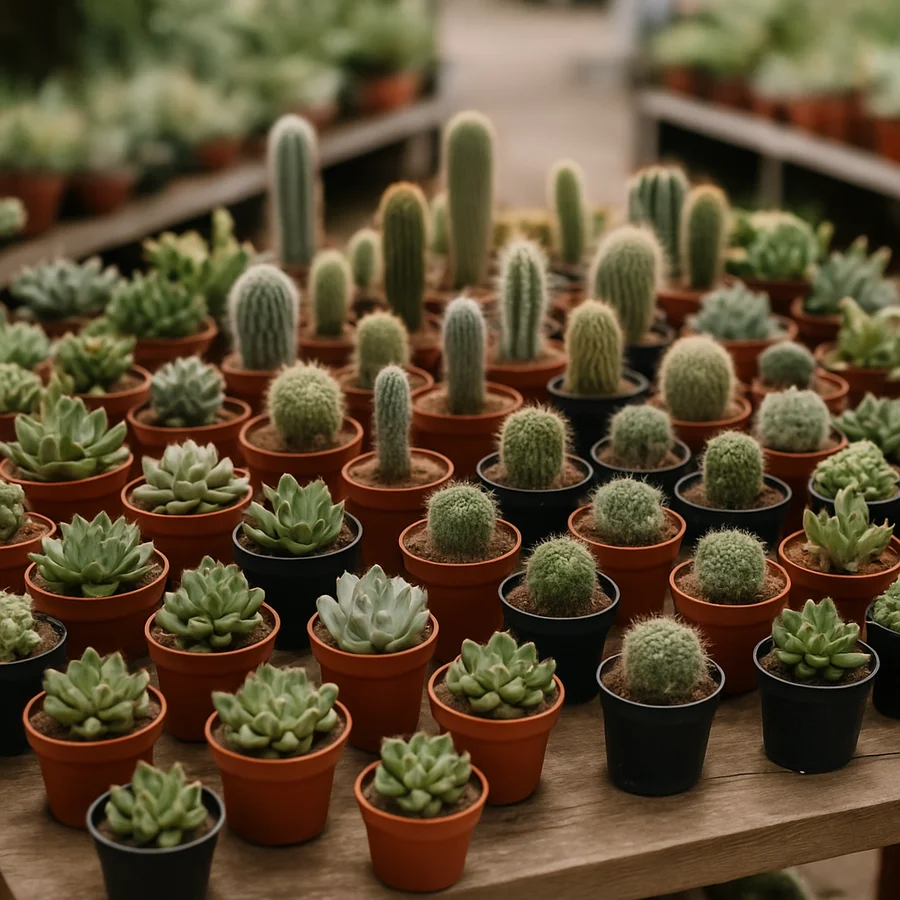 Terracotta and black pots of succulents and cacti on a wooden display table