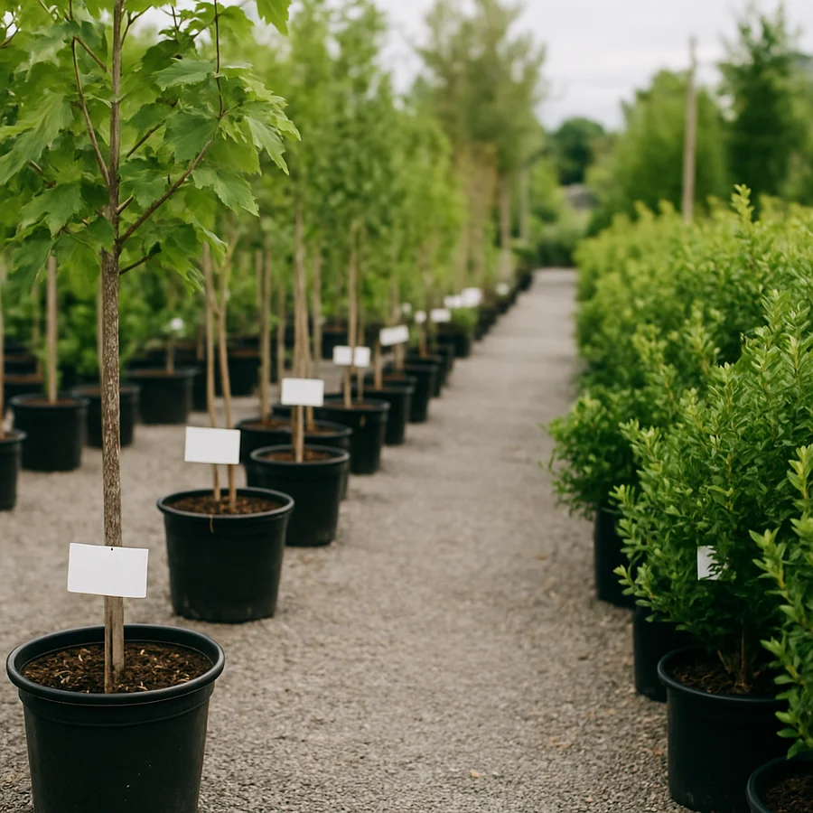 Potted young trees and shrubs in a nursery yard